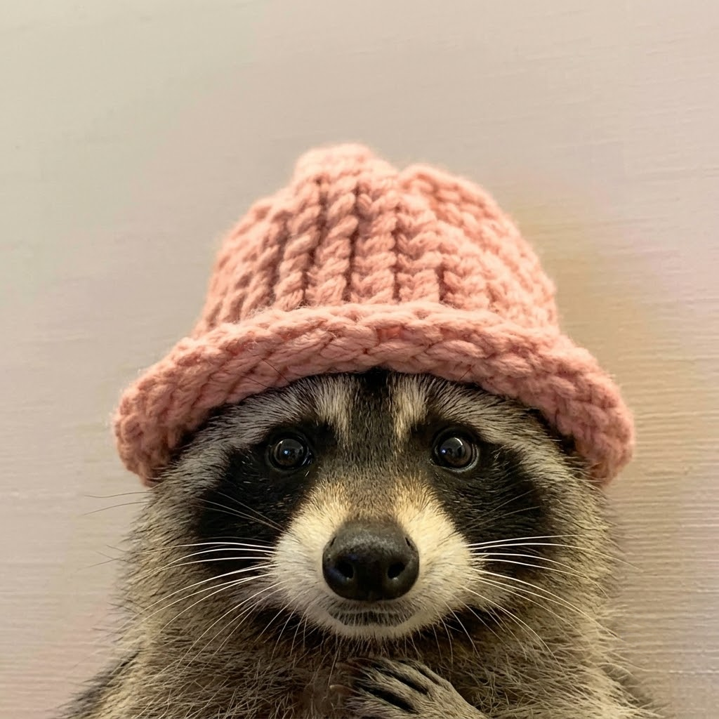 Raccoon in a pink knitted hat